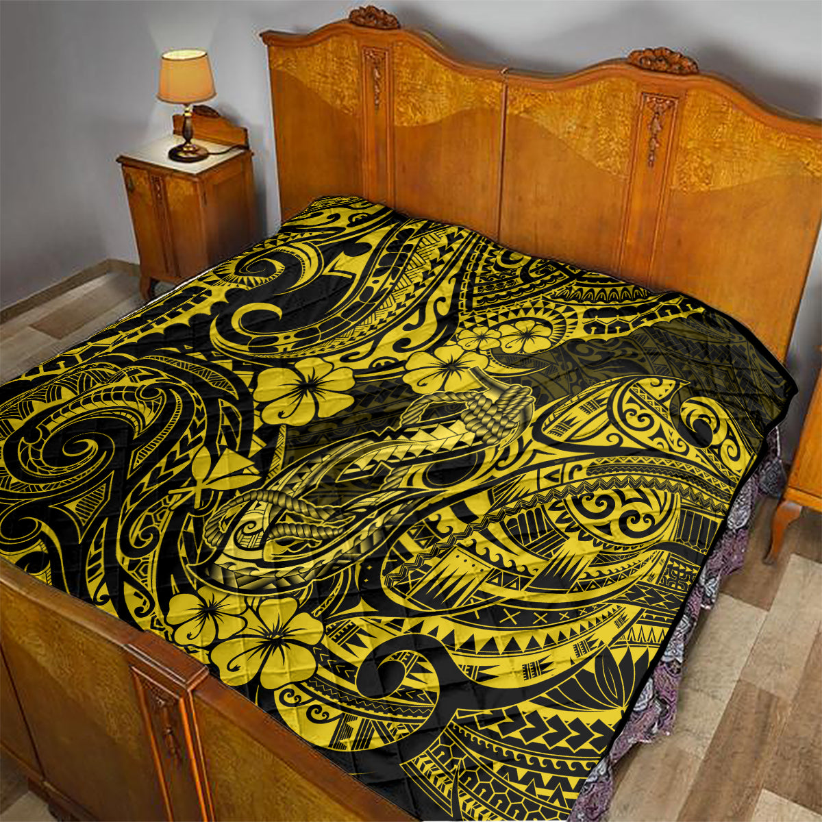 Hawaii Fish Hook Quilt Hibiscus Hawaii Tribal Tattoo Yellow Version - Wonder Print Shop