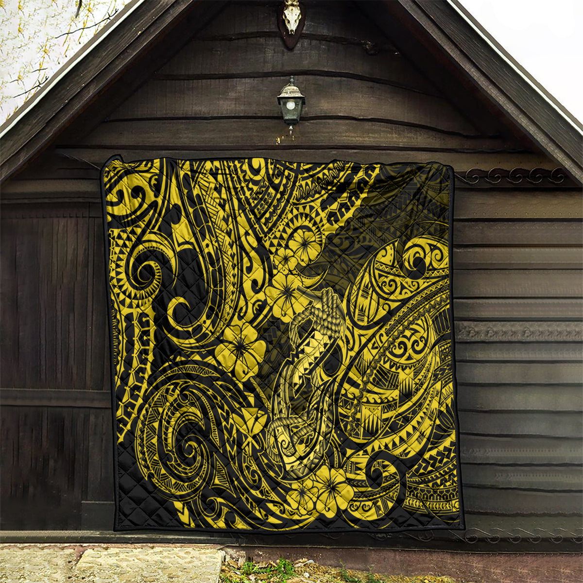 Hawaii Fish Hook Quilt Hibiscus Hawaii Tribal Tattoo Yellow Version - Wonder Print Shop