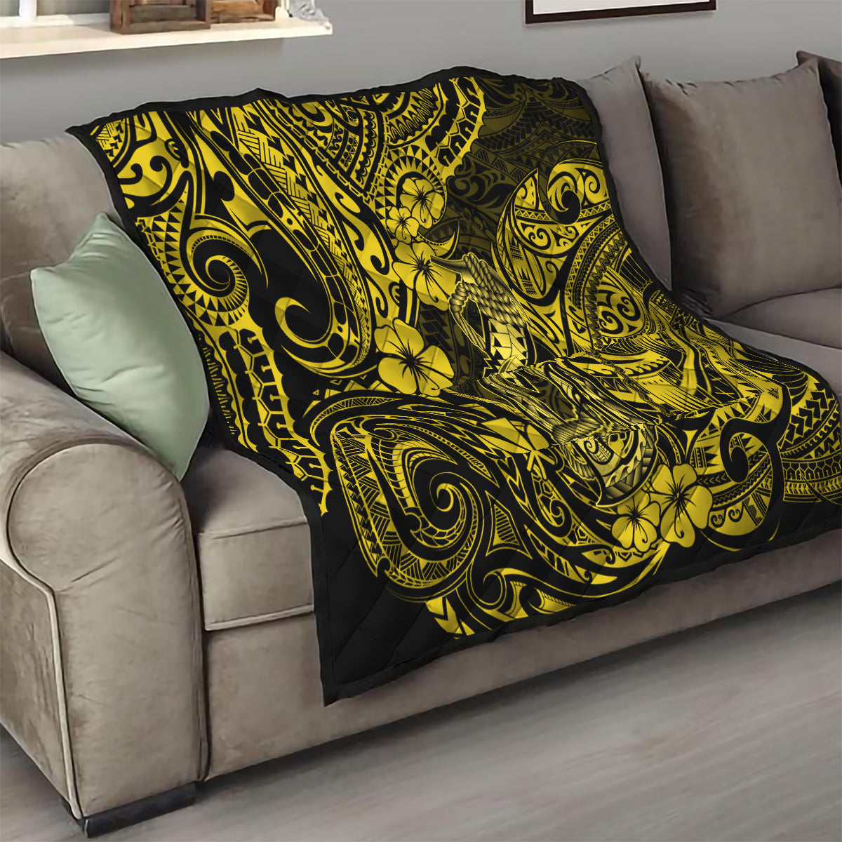 Hawaii Fish Hook Quilt Hibiscus Hawaii Tribal Tattoo Yellow Version - Wonder Print Shop