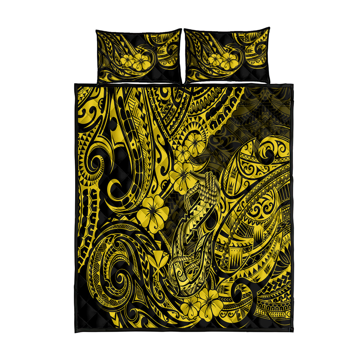 Hawaii Fish Hook Quilt Bed Set Hibiscus Hawaii Tribal Tattoo Yellow Version - Wonder Print Shop