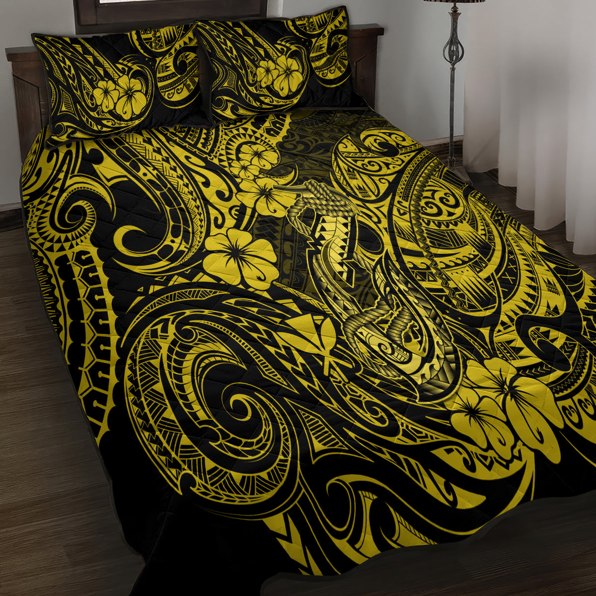 Hawaii Fish Hook Quilt Bed Set Hibiscus Hawaii Tribal Tattoo Yellow Version - Wonder Print Shop