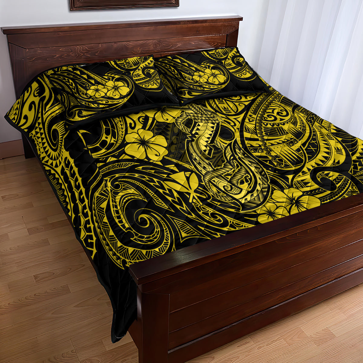 Hawaii Fish Hook Quilt Bed Set Hibiscus Hawaii Tribal Tattoo Yellow Version - Wonder Print Shop