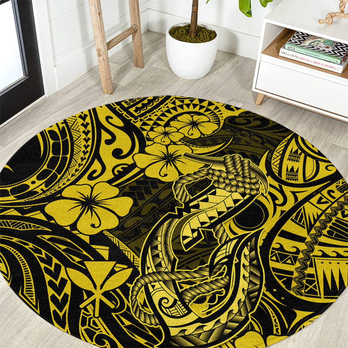 hawaii-fish-hook-round-carpet-hibiscus-hawaii-tribal-tattoo-yellow-version