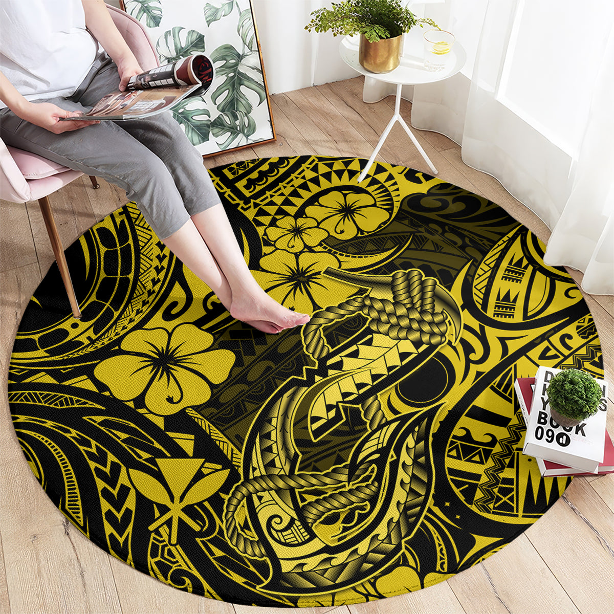 hawaii-fish-hook-round-carpet-hibiscus-hawaii-tribal-tattoo-yellow-version