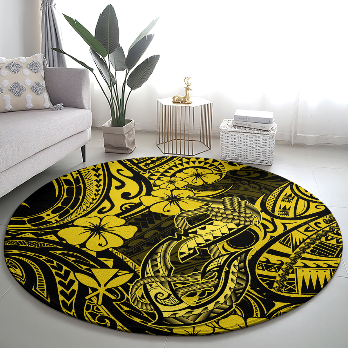 hawaii-fish-hook-round-carpet-hibiscus-hawaii-tribal-tattoo-yellow-version