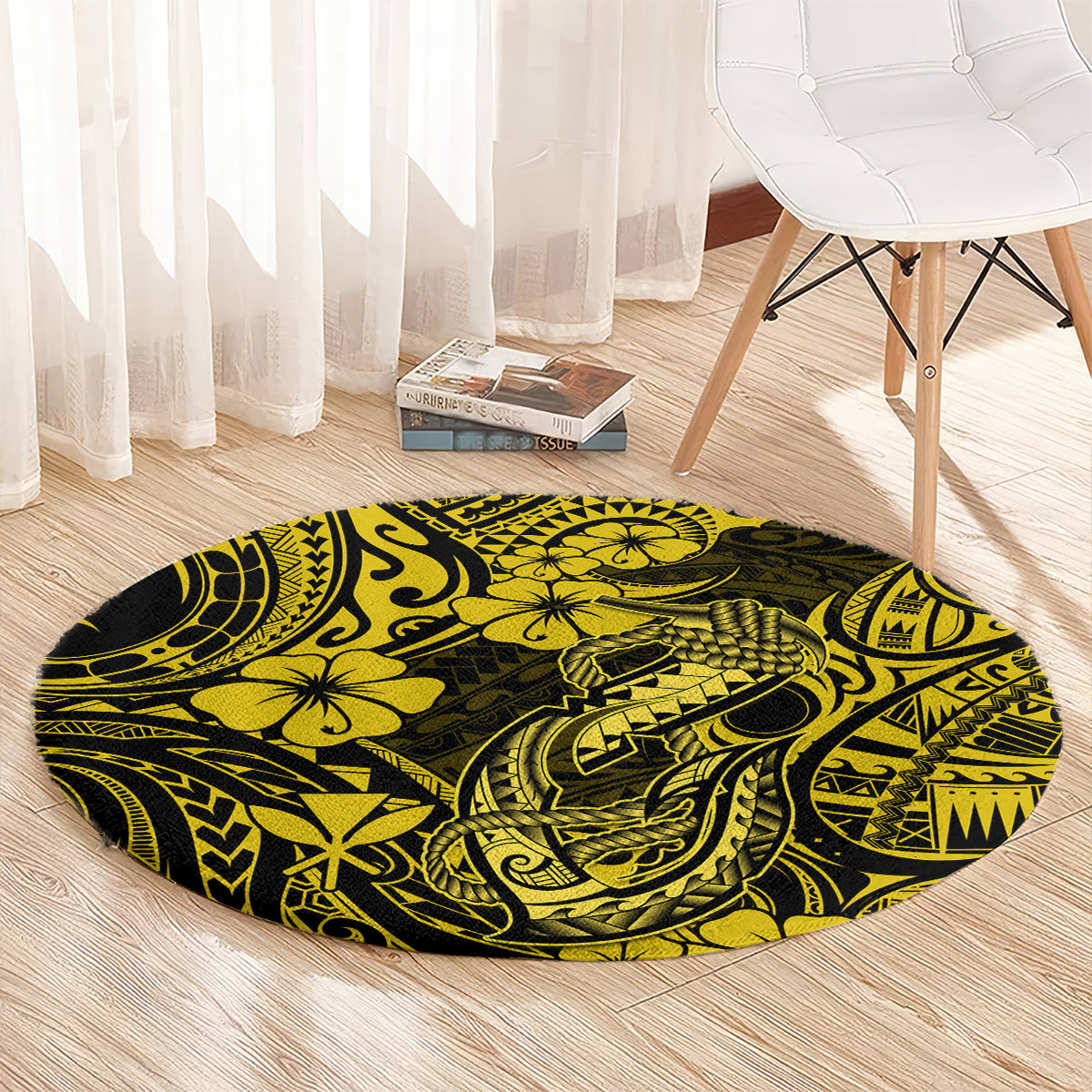 hawaii-fish-hook-round-carpet-hibiscus-hawaii-tribal-tattoo-yellow-version