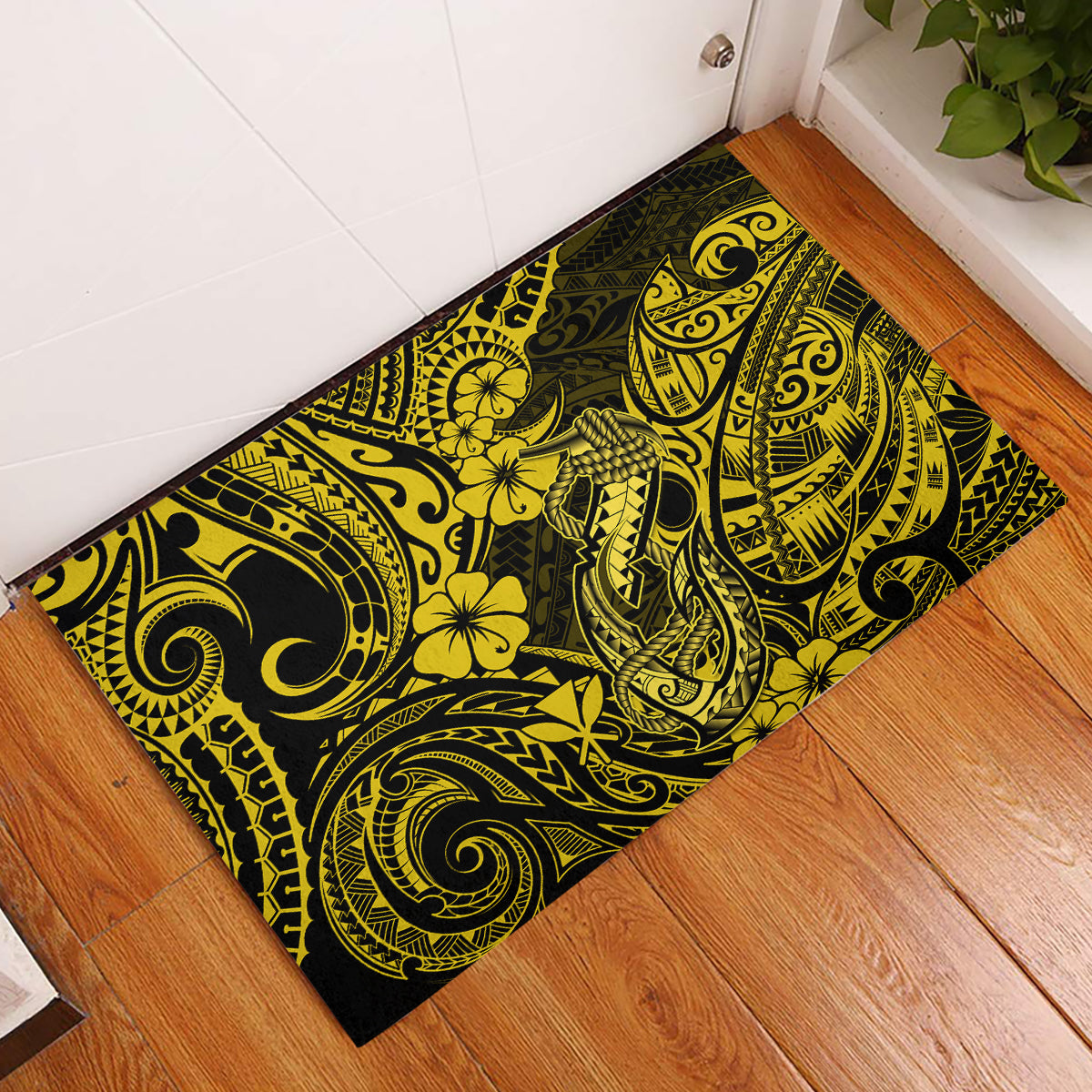Hawaii Fish Hook Rubber Doormat Hibiscus Hawaii Tribal Tattoo Yellow Version - Wonder Print Shop
