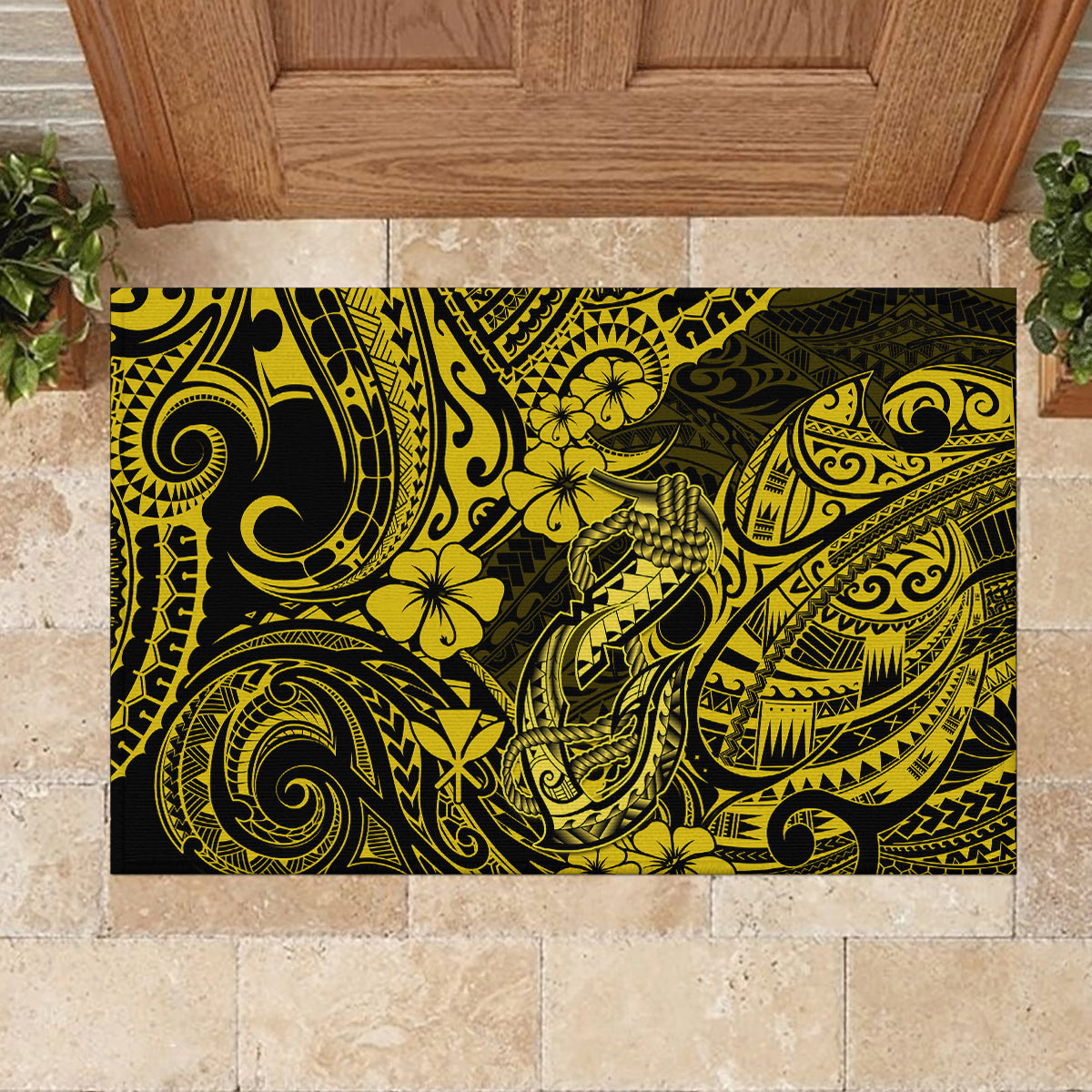Hawaii Fish Hook Rubber Doormat Hibiscus Hawaii Tribal Tattoo Yellow Version - Wonder Print Shop