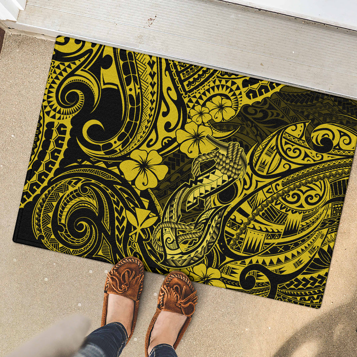 Hawaii Fish Hook Rubber Doormat Hibiscus Hawaii Tribal Tattoo Yellow Version - Wonder Print Shop