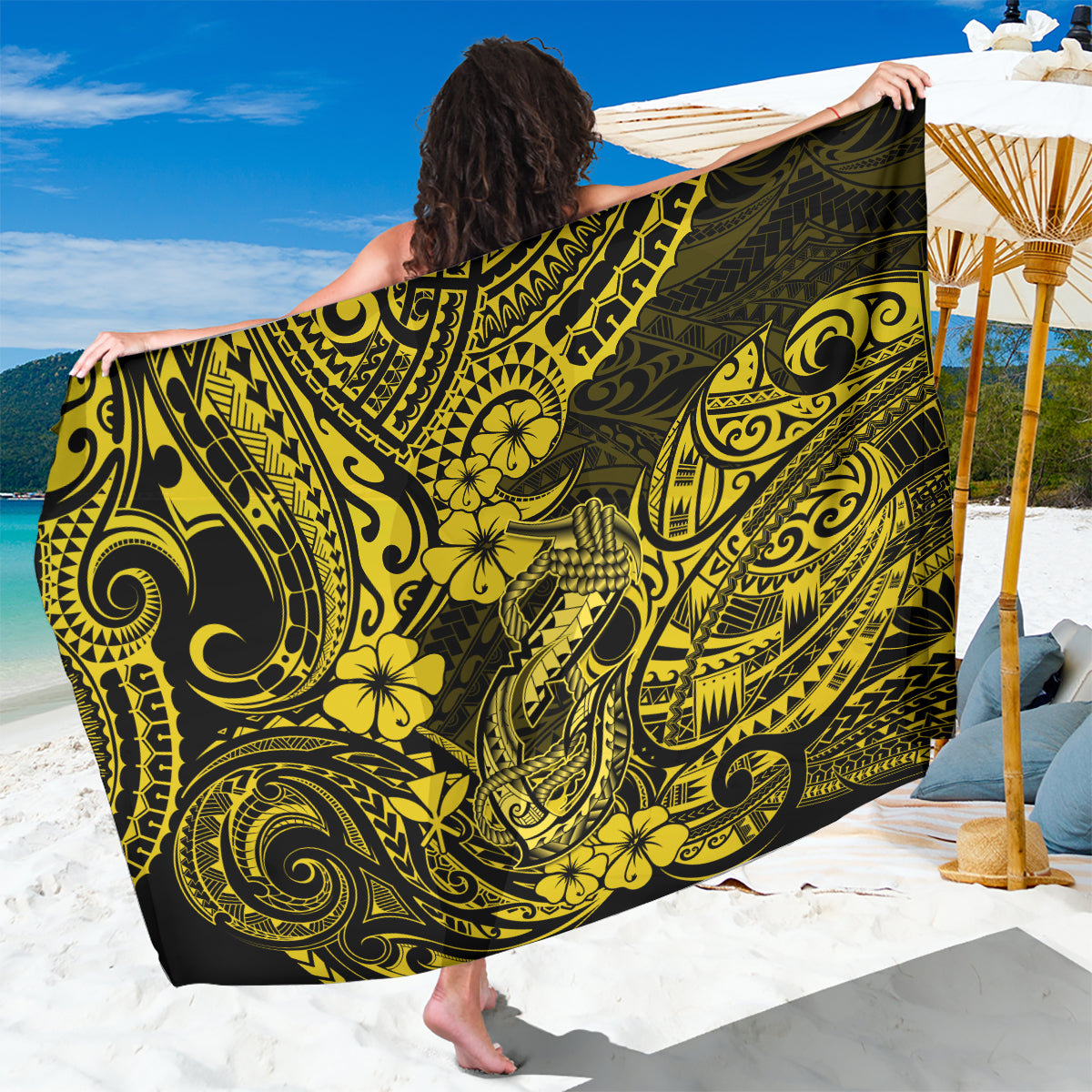 Hawaii Fish Hook Sarong Hibiscus Hawaii Tribal Tattoo Yellow Version - Wonder Print Shop