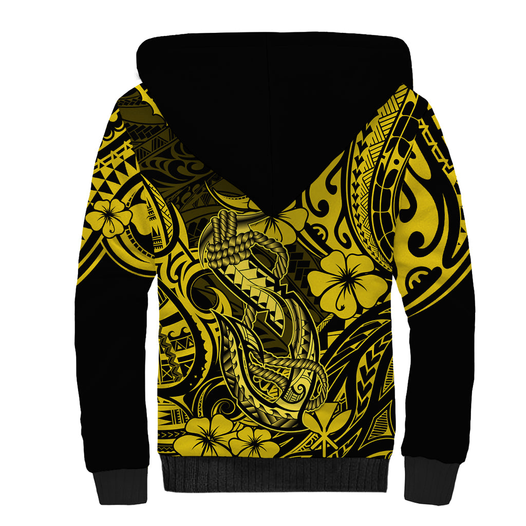 Hawaii Fish Hook Sherpa Hoodie Hibiscus Hawaii Tribal Tattoo Yellow Version - Wonder Print Shop