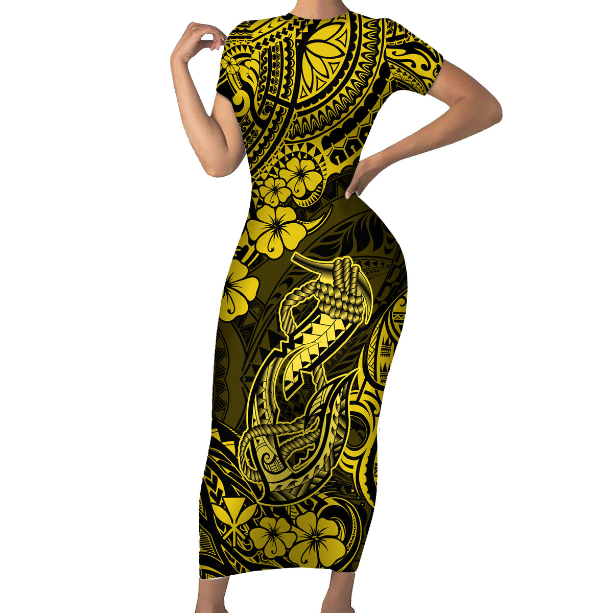 Hawaii Fish Hook Short Sleeve Bodycon Dress Hibiscus Hawaii Tribal Tattoo Yellow Version - Wonder Print Shop