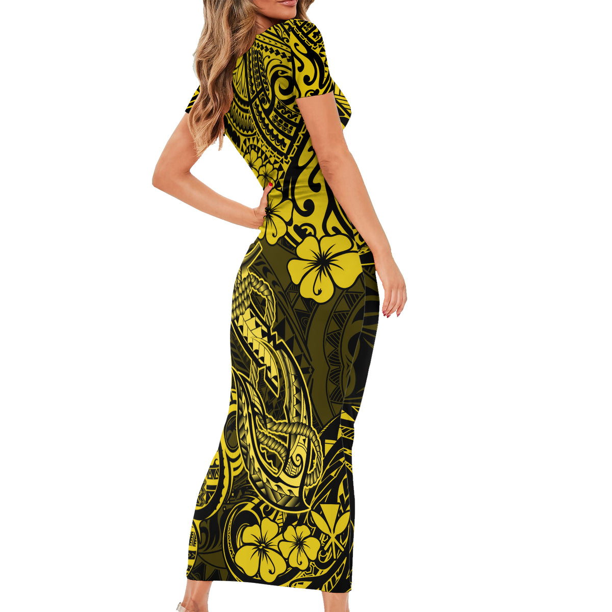 Hawaii Fish Hook Short Sleeve Bodycon Dress Hibiscus Hawaii Tribal Tattoo Yellow Version - Wonder Print Shop