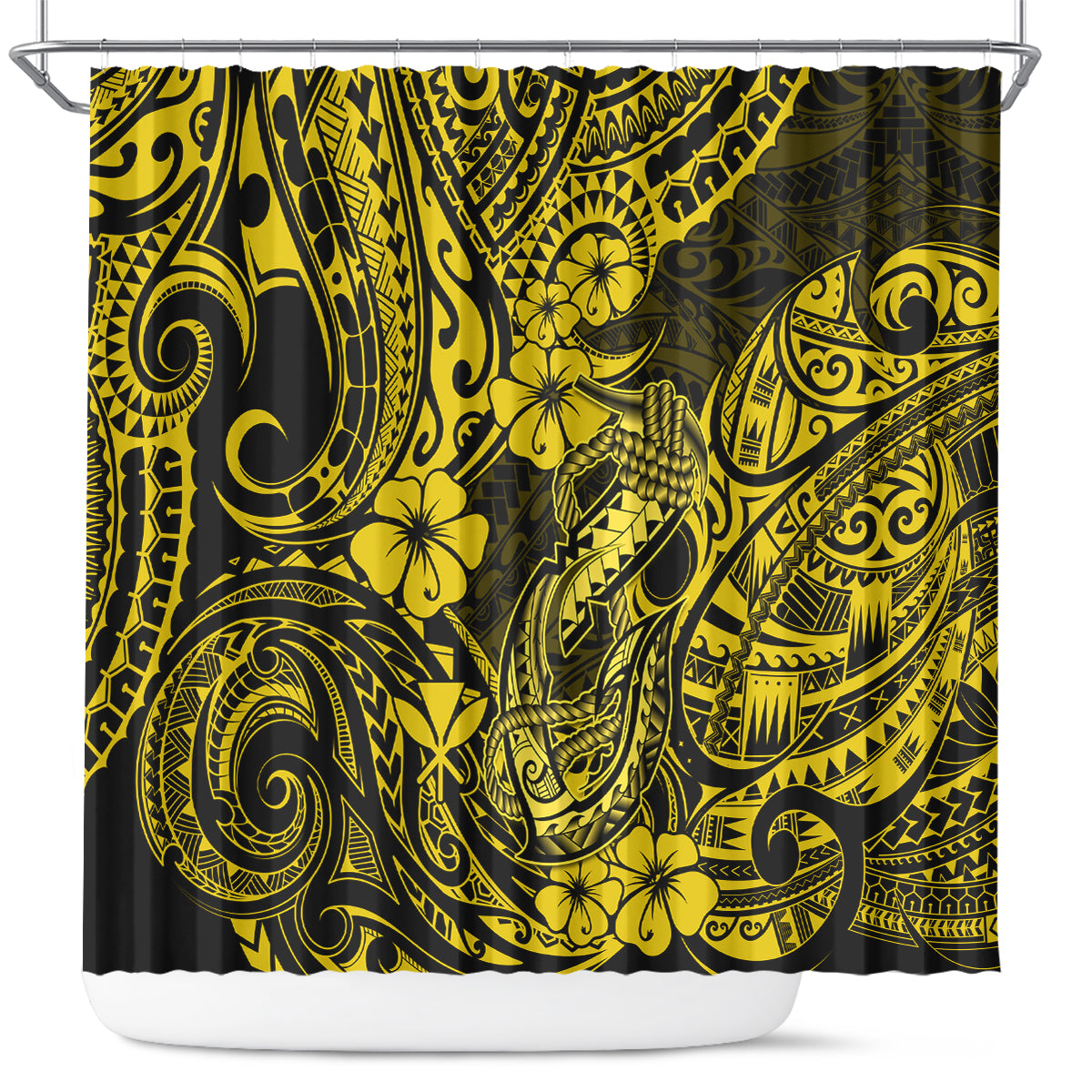 hawaii-fish-hook-shower-curtain-hibiscus-hawaii-tribal-tattoo-yellow-version