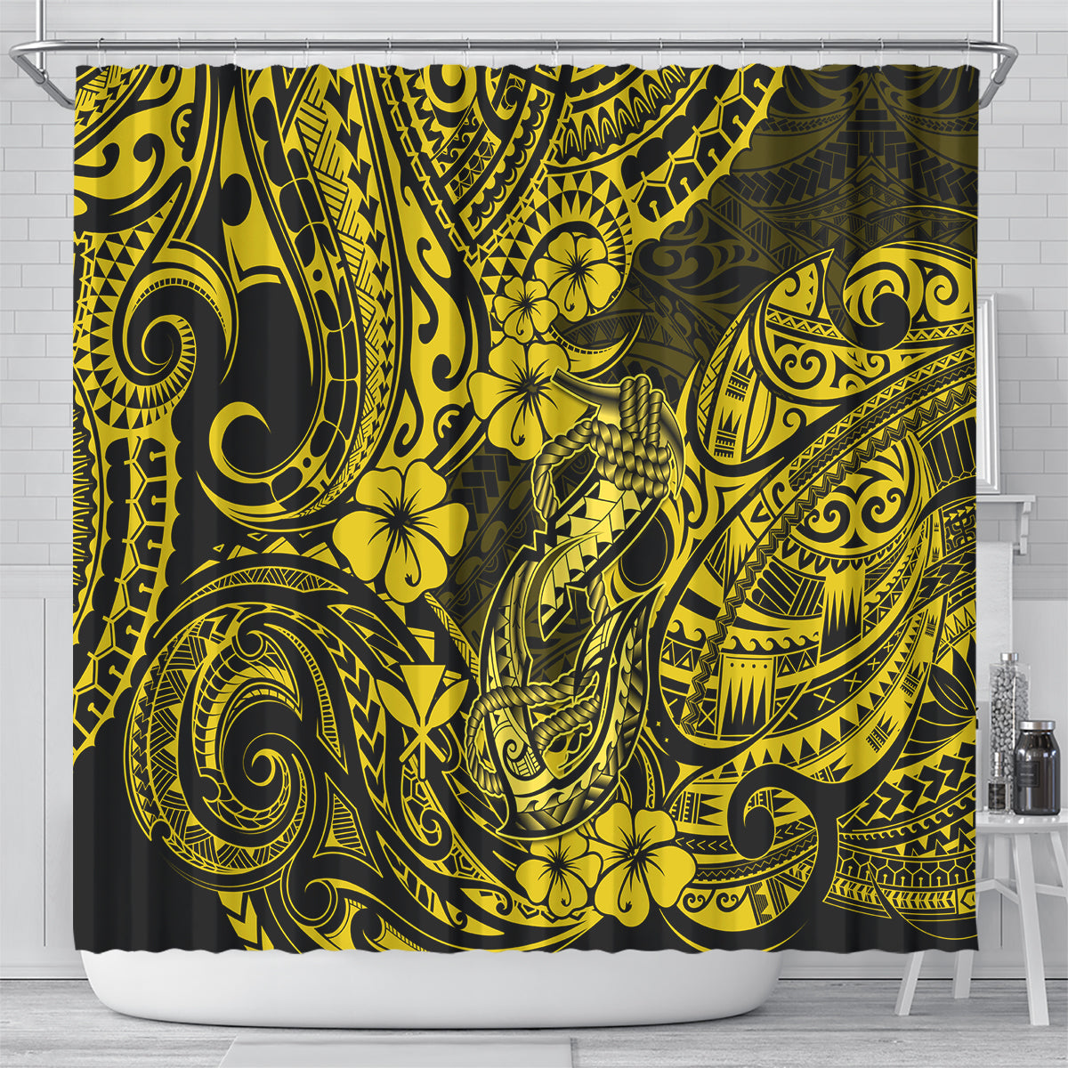 hawaii-fish-hook-shower-curtain-hibiscus-hawaii-tribal-tattoo-yellow-version