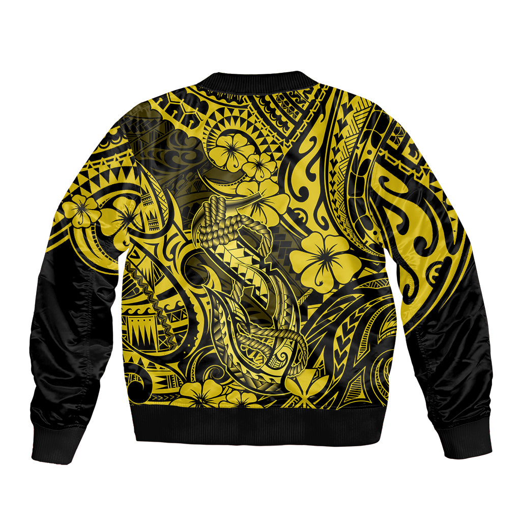 Hawaii Fish Hook Sleeve Zip Bomber Jacket Hibiscus Hawaii Tribal Tattoo Yellow Version - Wonder Print Shop