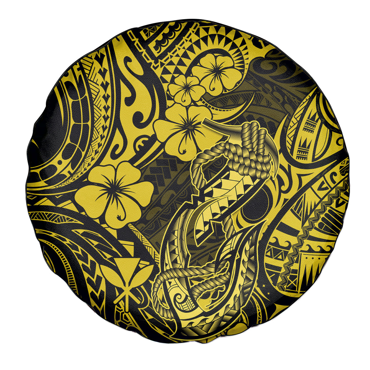 Hawaii Fish Hook Spare Tire Cover Hibiscus Hawaii Tribal Tattoo Yellow Version - Wonder Print Shop