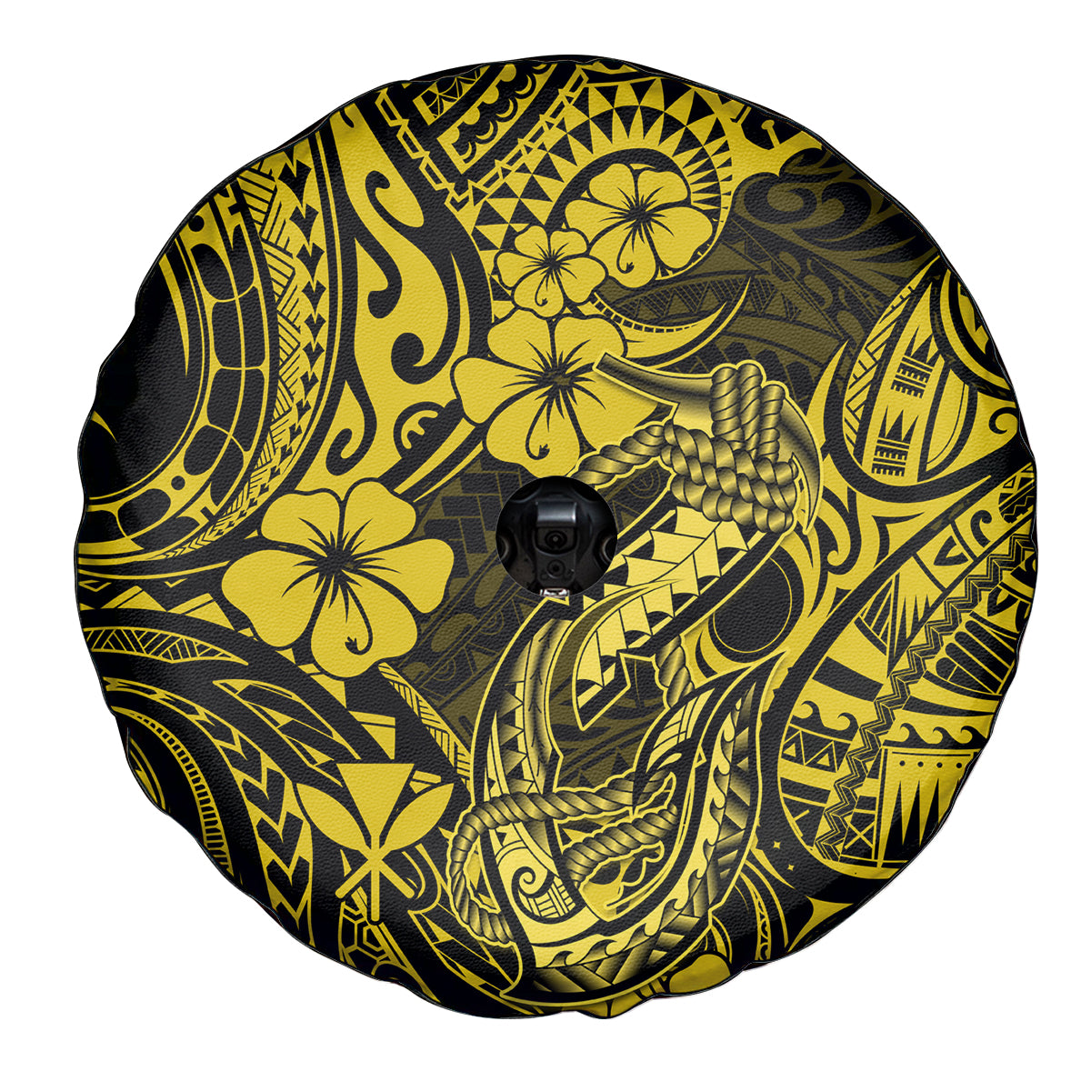 Hawaii Fish Hook Spare Tire Cover Hibiscus Hawaii Tribal Tattoo Yellow Version - Wonder Print Shop