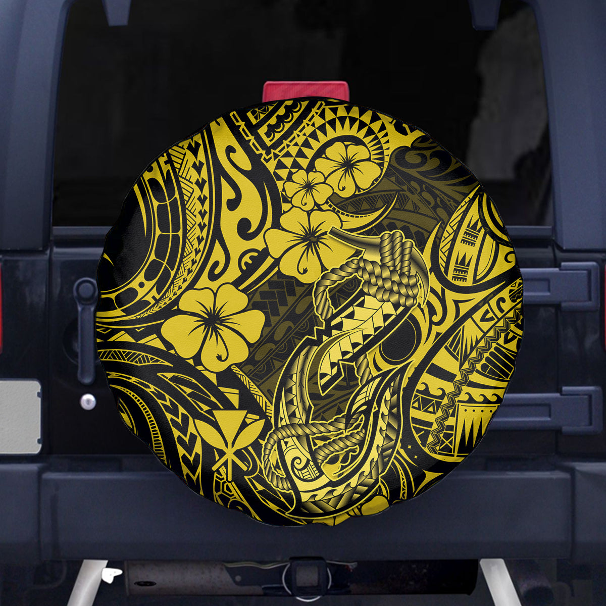 Hawaii Fish Hook Spare Tire Cover Hibiscus Hawaii Tribal Tattoo Yellow Version - Wonder Print Shop