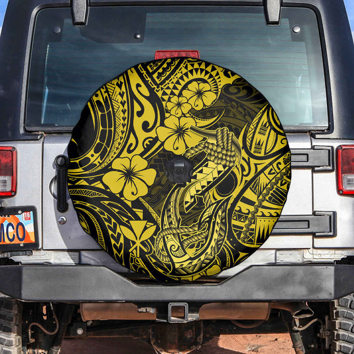 Hawaii Fish Hook Spare Tire Cover Hibiscus Hawaii Tribal Tattoo Yellow Version - Wonder Print Shop