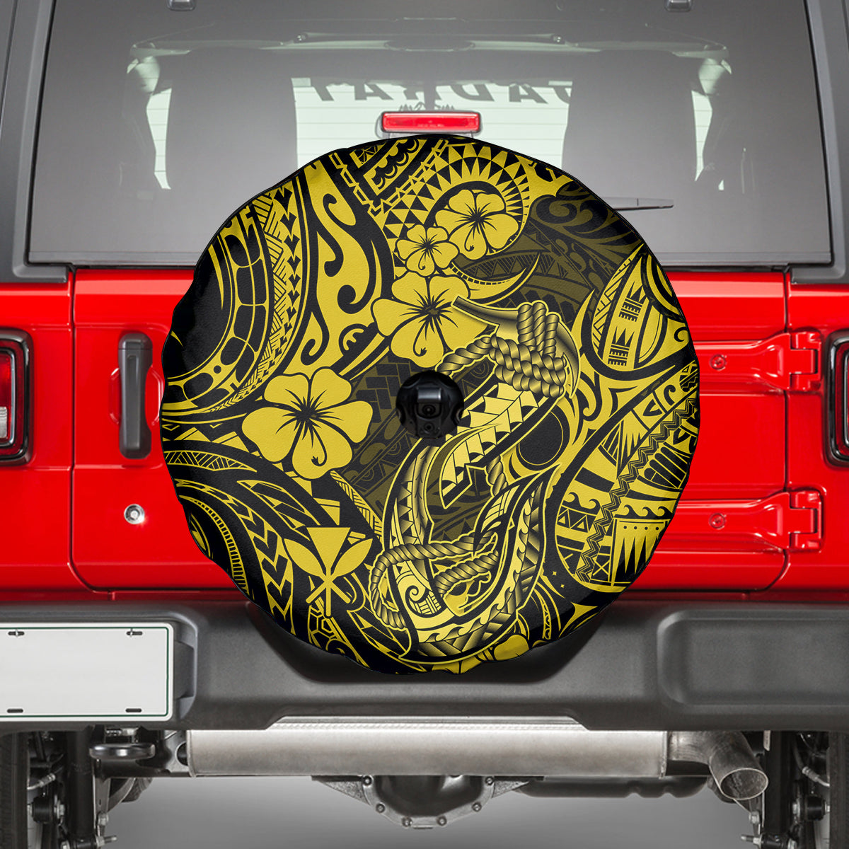 Hawaii Fish Hook Spare Tire Cover Hibiscus Hawaii Tribal Tattoo Yellow Version - Wonder Print Shop