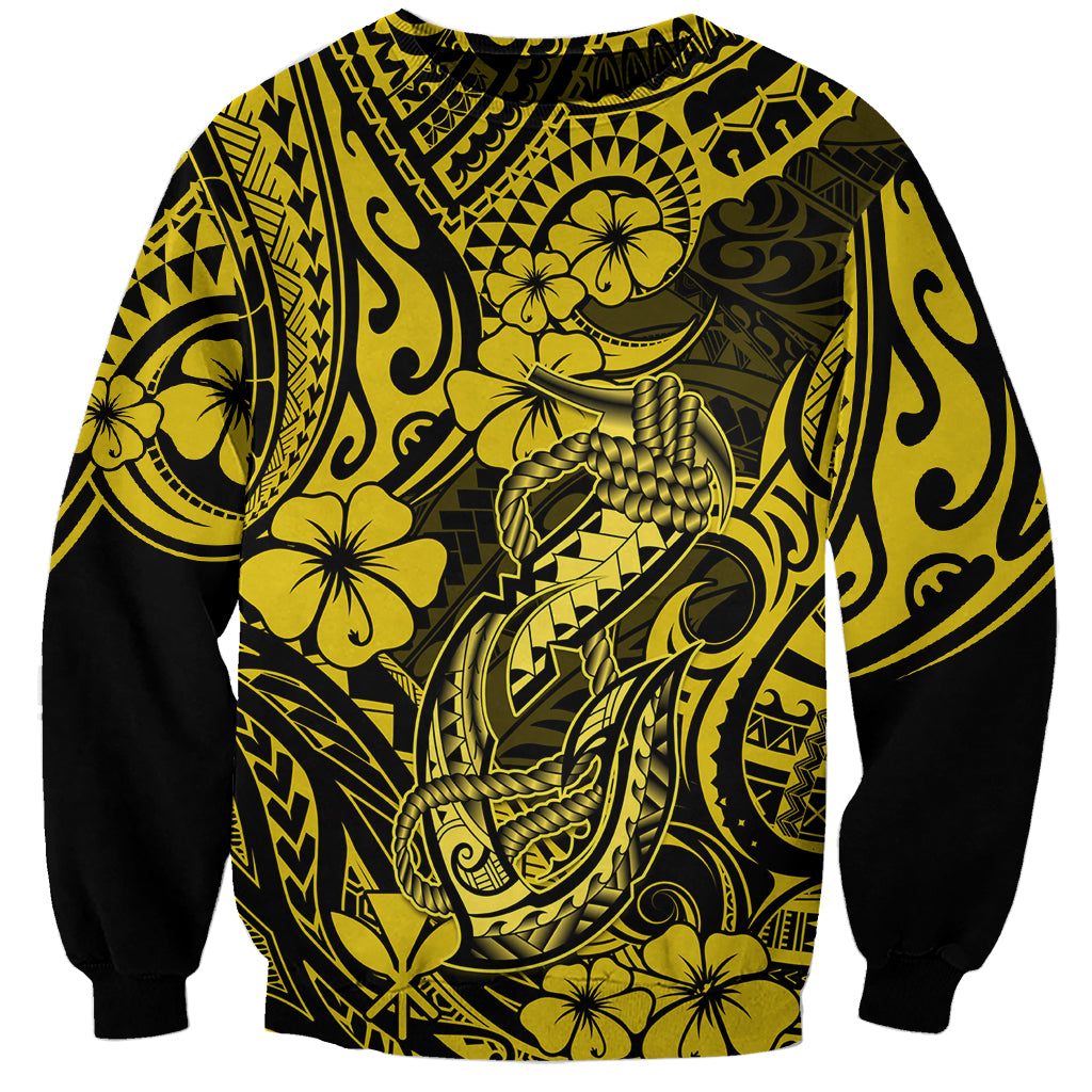 Hawaii Fish Hook Sweatshirt Hibiscus Hawaii Tribal Tattoo Yellow Version - Wonder Print Shop