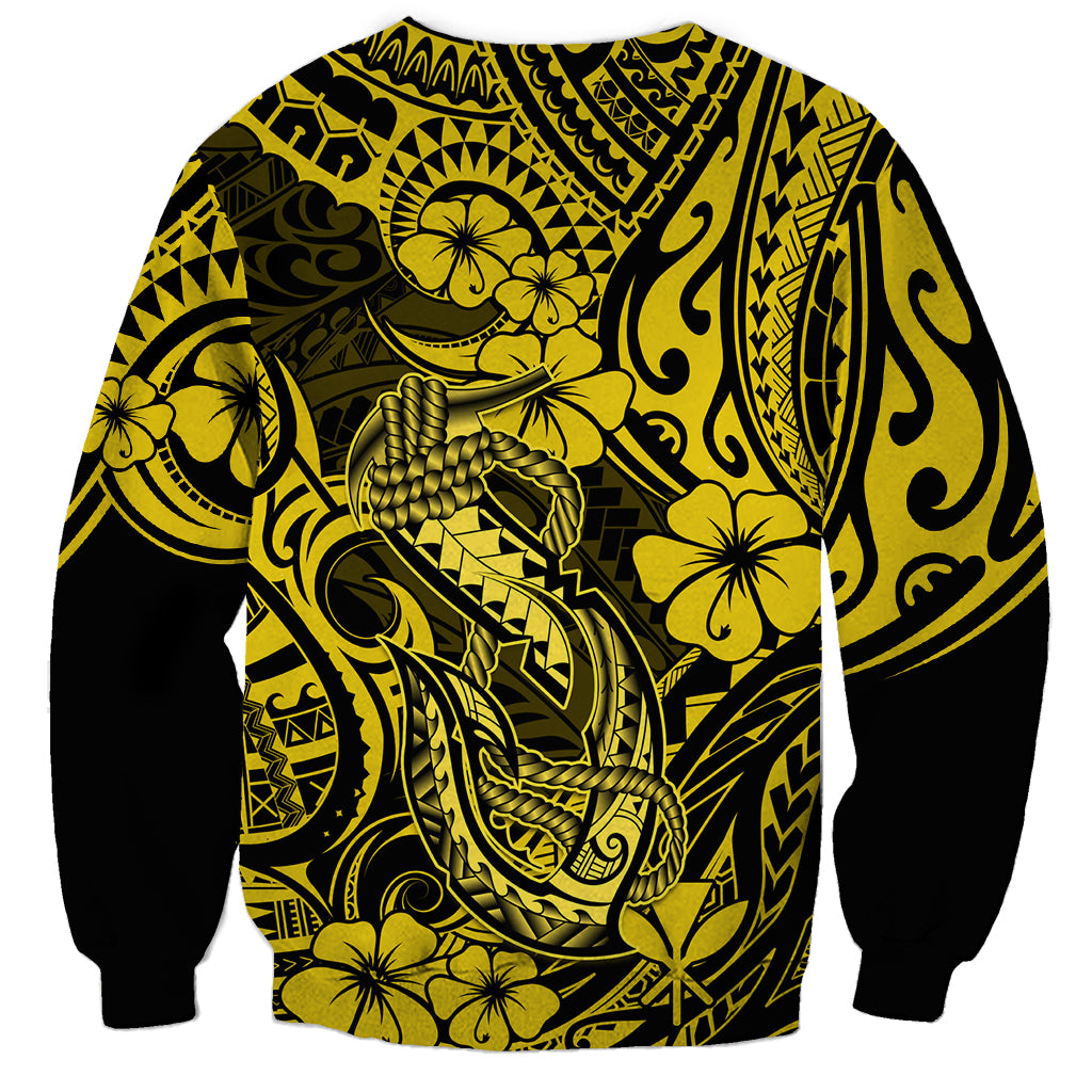 Hawaii Fish Hook Sweatshirt Hibiscus Hawaii Tribal Tattoo Yellow Version - Wonder Print Shop