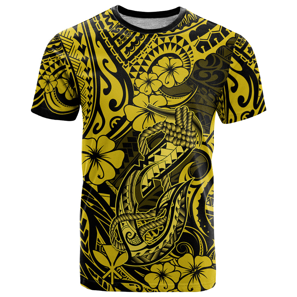 Hawaii Fish Hook T Shirt Hibiscus Hawaii Tribal Tattoo Yellow Version - Wonder Print Shop
