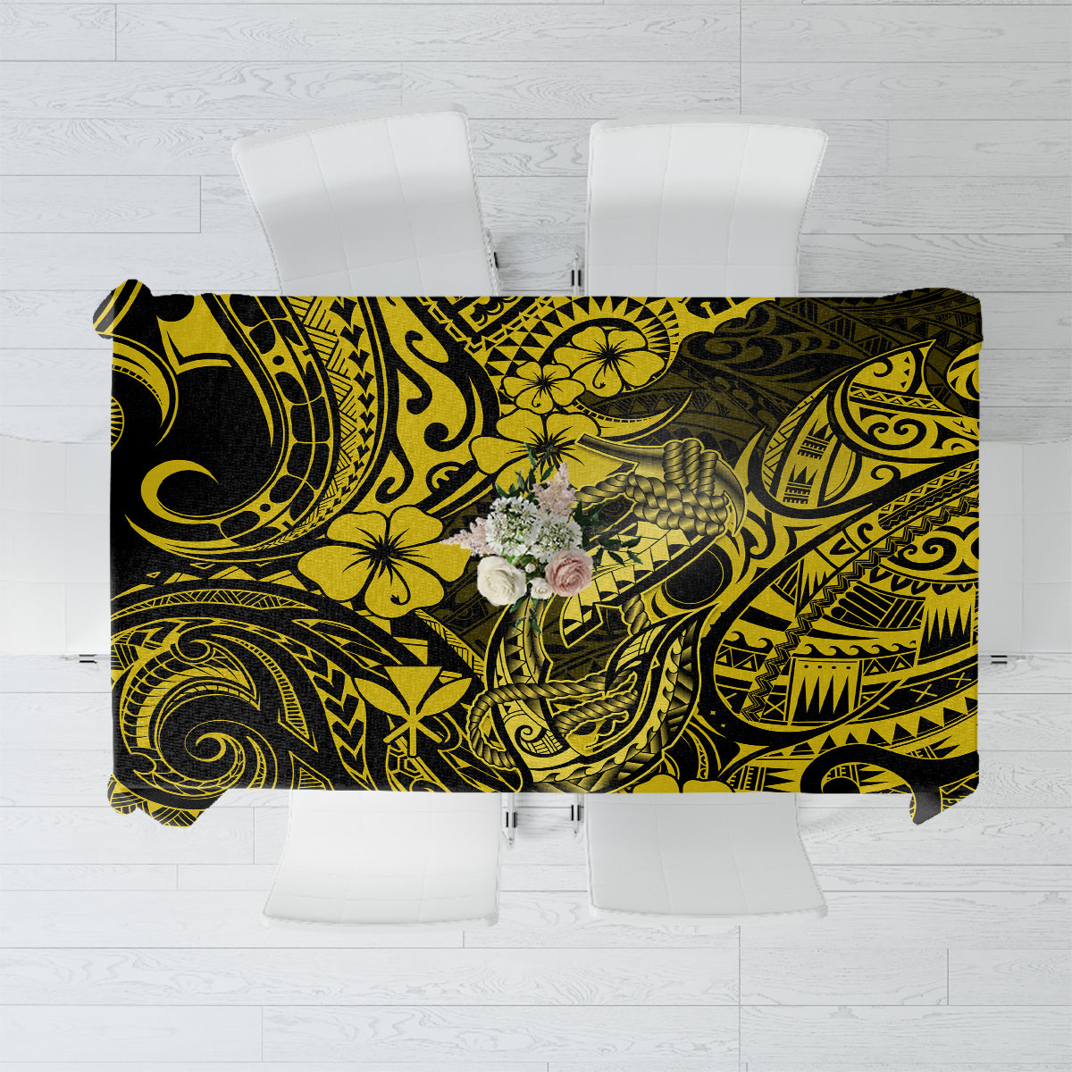 Hawaii Fish Hook Tablecloth Hibiscus Hawaii Tribal Tattoo Yellow Version - Wonder Print Shop