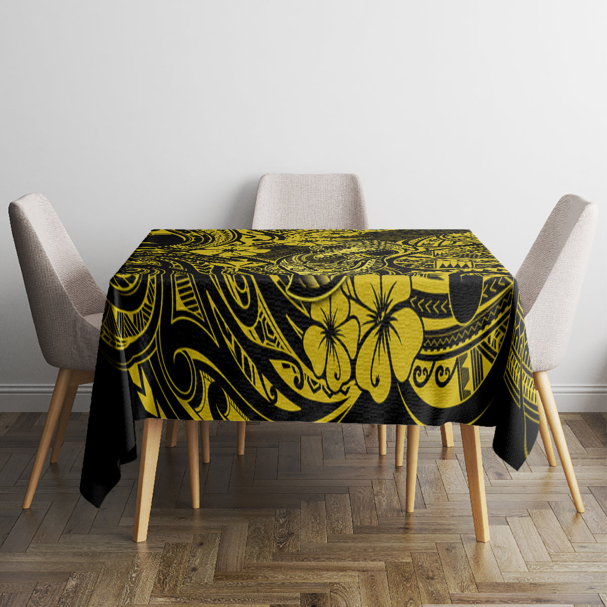 Hawaii Fish Hook Tablecloth Hibiscus Hawaii Tribal Tattoo Yellow Version - Wonder Print Shop