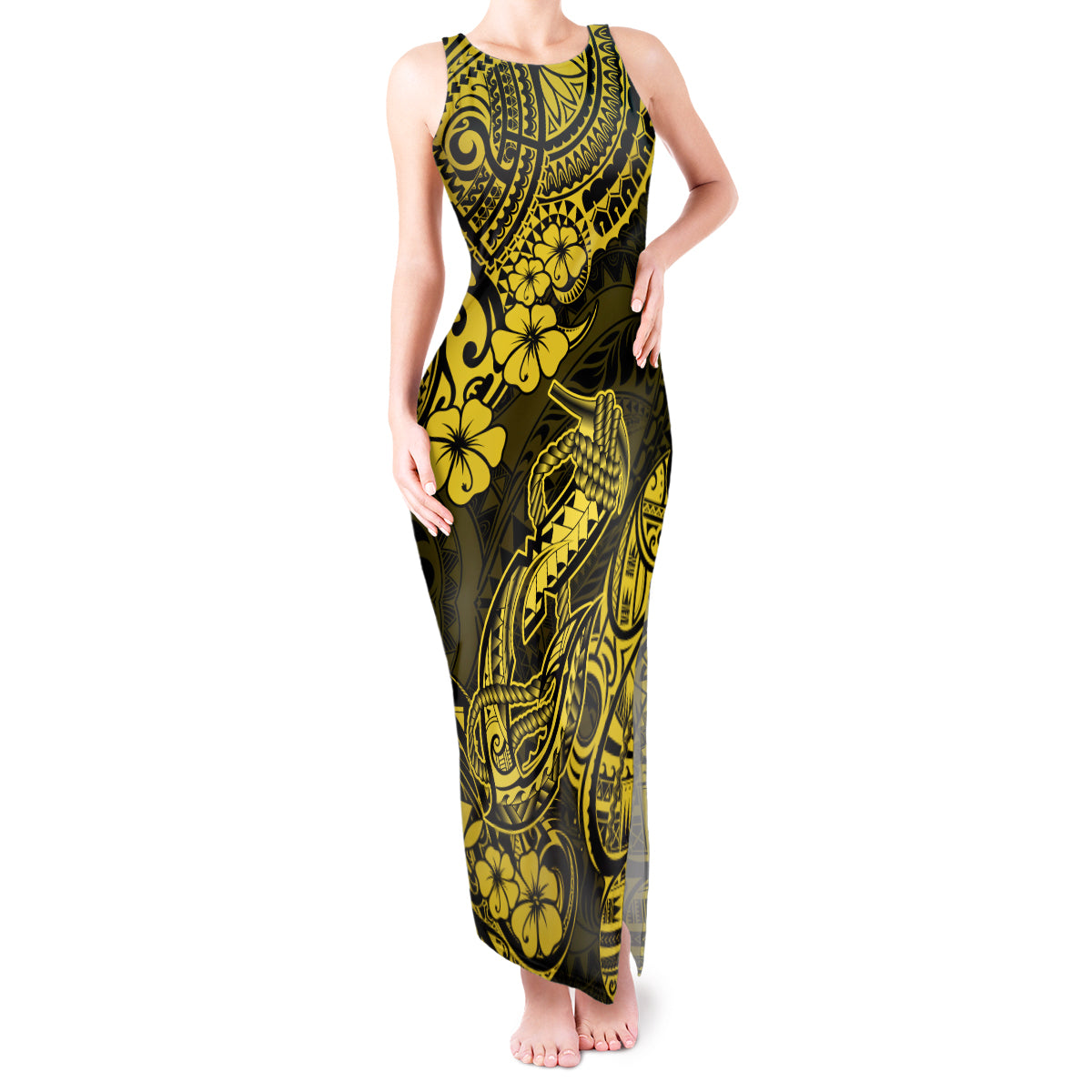 Hawaii Fish Hook Tank Maxi Dress Hibiscus Hawaii Tribal Tattoo Yellow Version - Wonder Print Shop