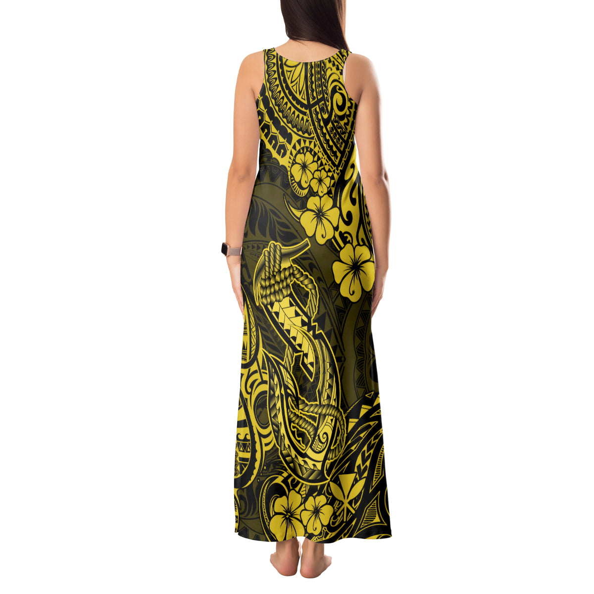 Hawaii Fish Hook Tank Maxi Dress Hibiscus Hawaii Tribal Tattoo Yellow Version - Wonder Print Shop
