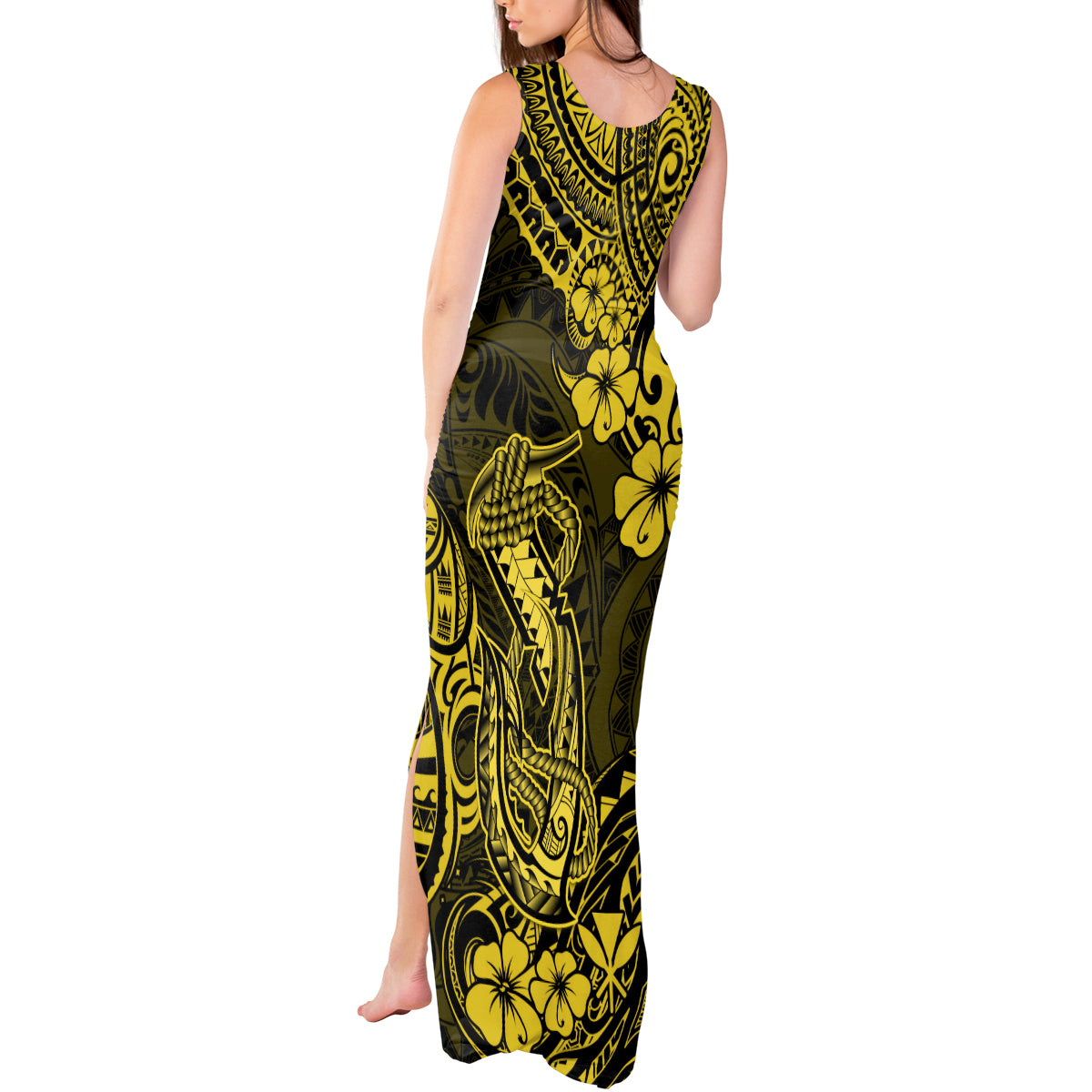 Hawaii Fish Hook Tank Maxi Dress Hibiscus Hawaii Tribal Tattoo Yellow Version - Wonder Print Shop