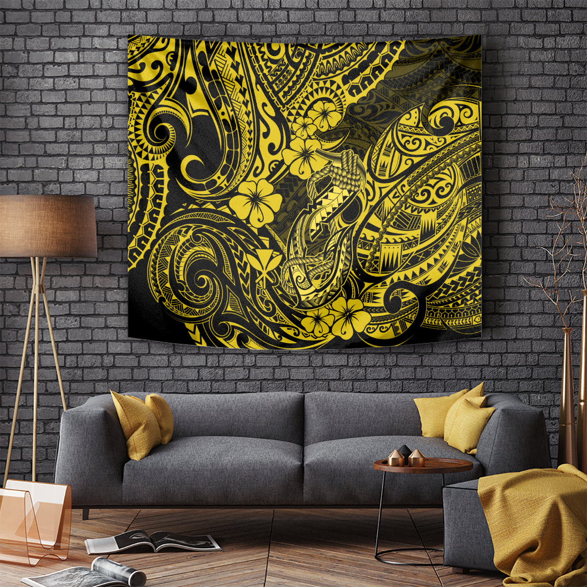 Hawaii Fish Hook Tapestry Hibiscus Hawaii Tribal Tattoo Yellow Version - Wonder Print Shop