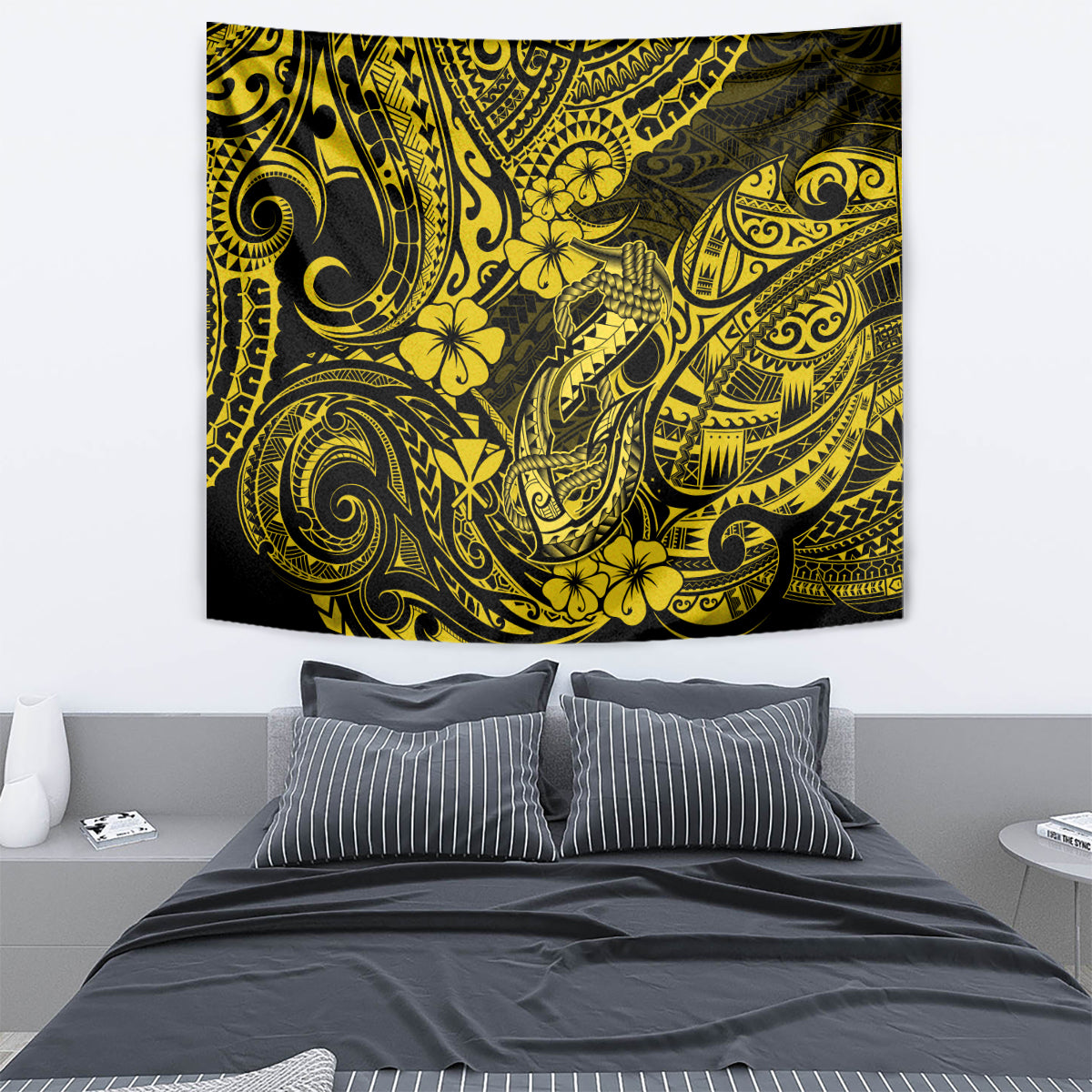 Hawaii Fish Hook Tapestry Hibiscus Hawaii Tribal Tattoo Yellow Version - Wonder Print Shop