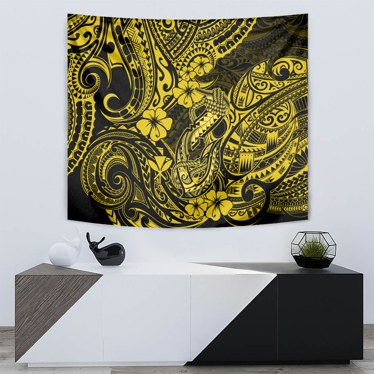 Hawaii Fish Hook Tapestry Hibiscus Hawaii Tribal Tattoo Yellow Version - Wonder Print Shop