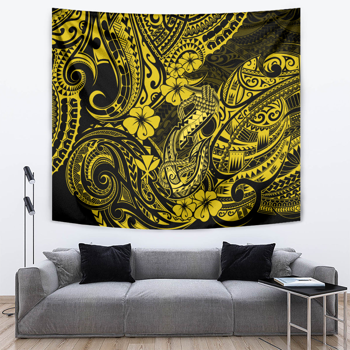 Hawaii Fish Hook Tapestry Hibiscus Hawaii Tribal Tattoo Yellow Version - Wonder Print Shop