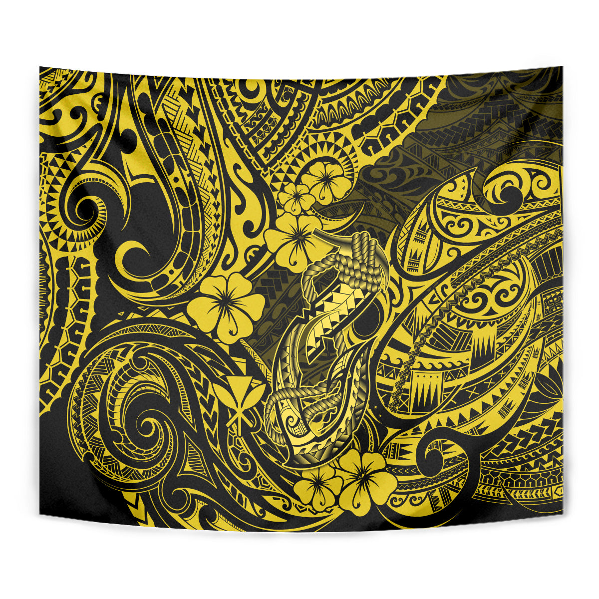 Hawaii Fish Hook Tapestry Hibiscus Hawaii Tribal Tattoo Yellow Version - Wonder Print Shop
