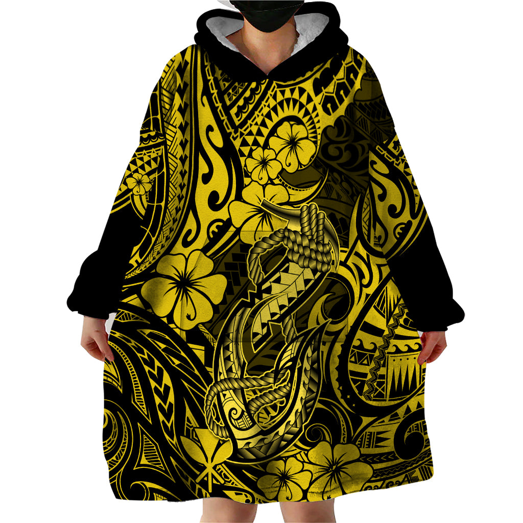 Hawaii Fish Hook Wearable Blanket Hoodie Hibiscus Hawaii Tribal Tattoo Yellow Version - Wonder Print Shop