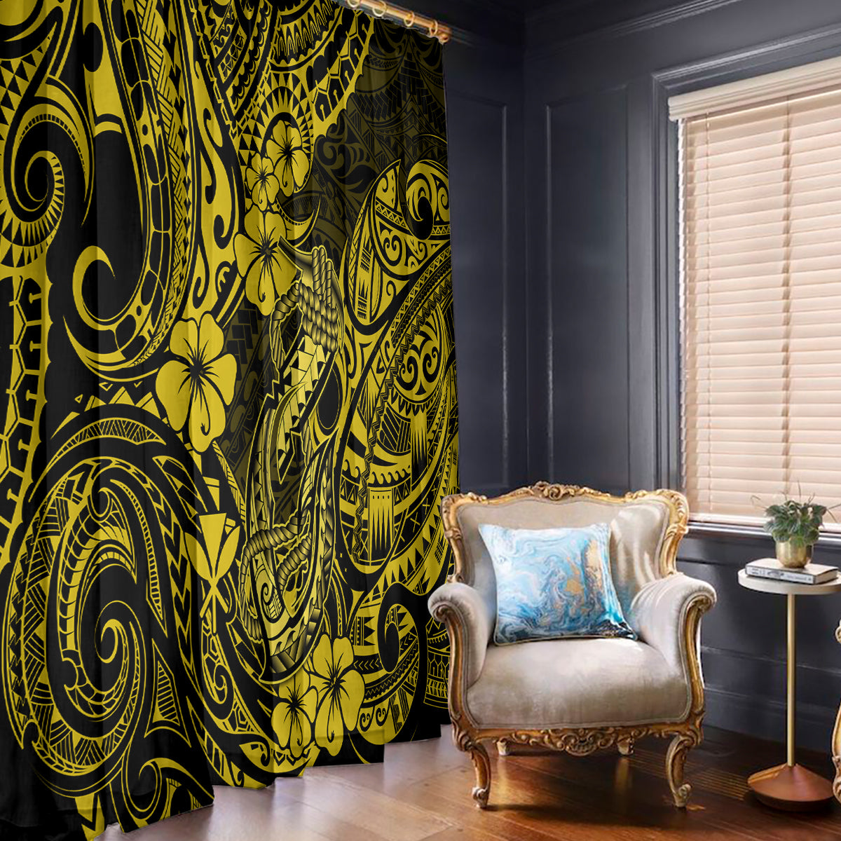 Hawaii Fish Hook Window Curtain Hibiscus Hawaii Tribal Tattoo Yellow Version - Wonder Print Shop