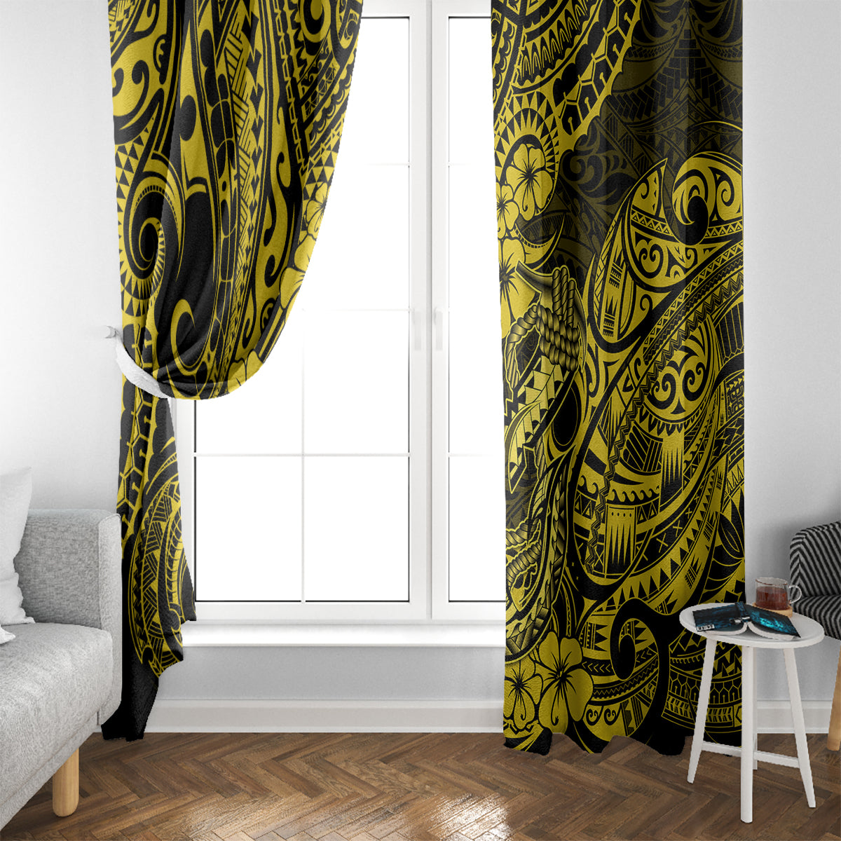 Hawaii Fish Hook Window Curtain Hibiscus Hawaii Tribal Tattoo Yellow Version - Wonder Print Shop