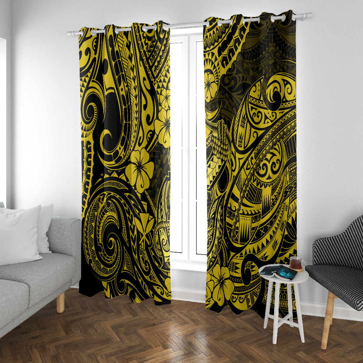 Hawaii Fish Hook Window Curtain Hibiscus Hawaii Tribal Tattoo Yellow Version - Wonder Print Shop