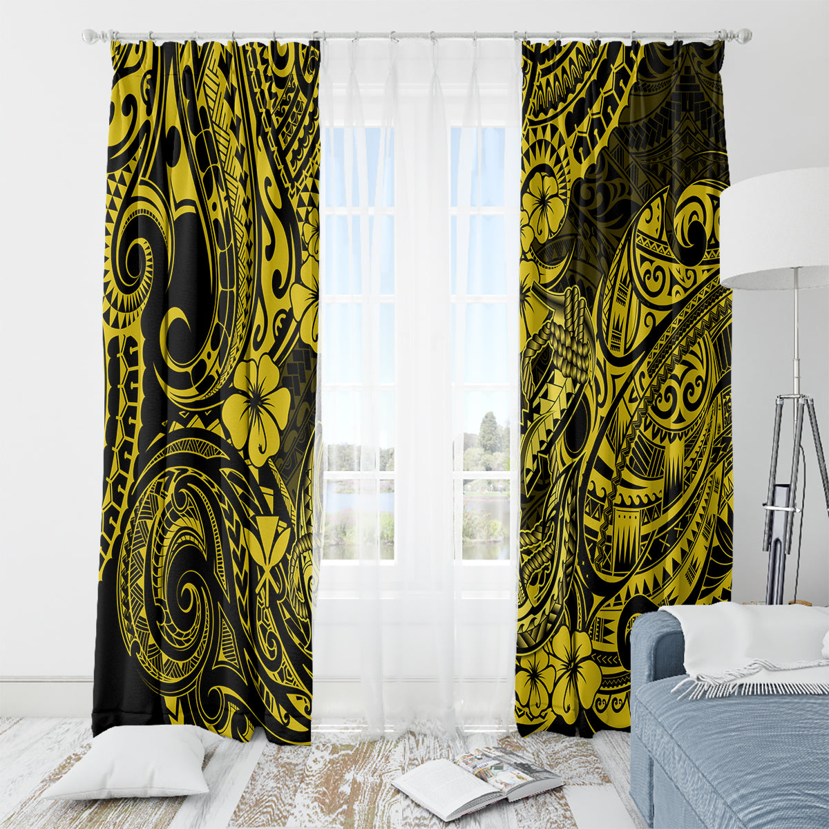 Hawaii Fish Hook Window Curtain Hibiscus Hawaii Tribal Tattoo Yellow Version - Wonder Print Shop