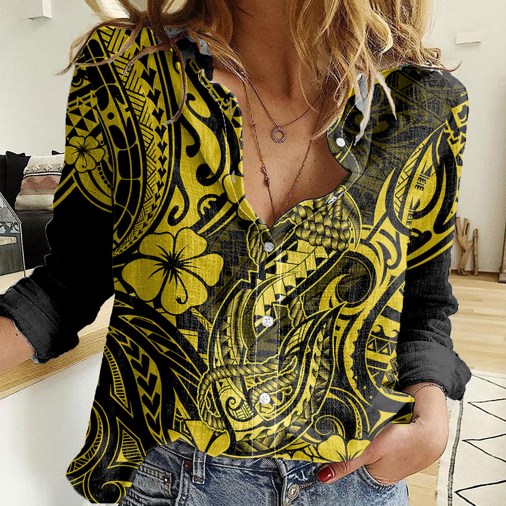 Hawaii Fish Hook Women Casual Shirt Hibiscus Hawaii Tribal Tattoo Yellow Version - Wonder Print Shop