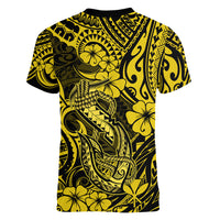 Hawaii Fish Hook Women V Neck T Shirt Hibiscus Hawaii Tribal Tattoo Yellow Version - Wonder Print Shop