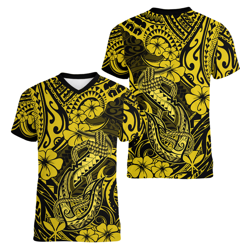 Hawaii Fish Hook Women V Neck T Shirt Hibiscus Hawaii Tribal Tattoo Yellow Version - Wonder Print Shop