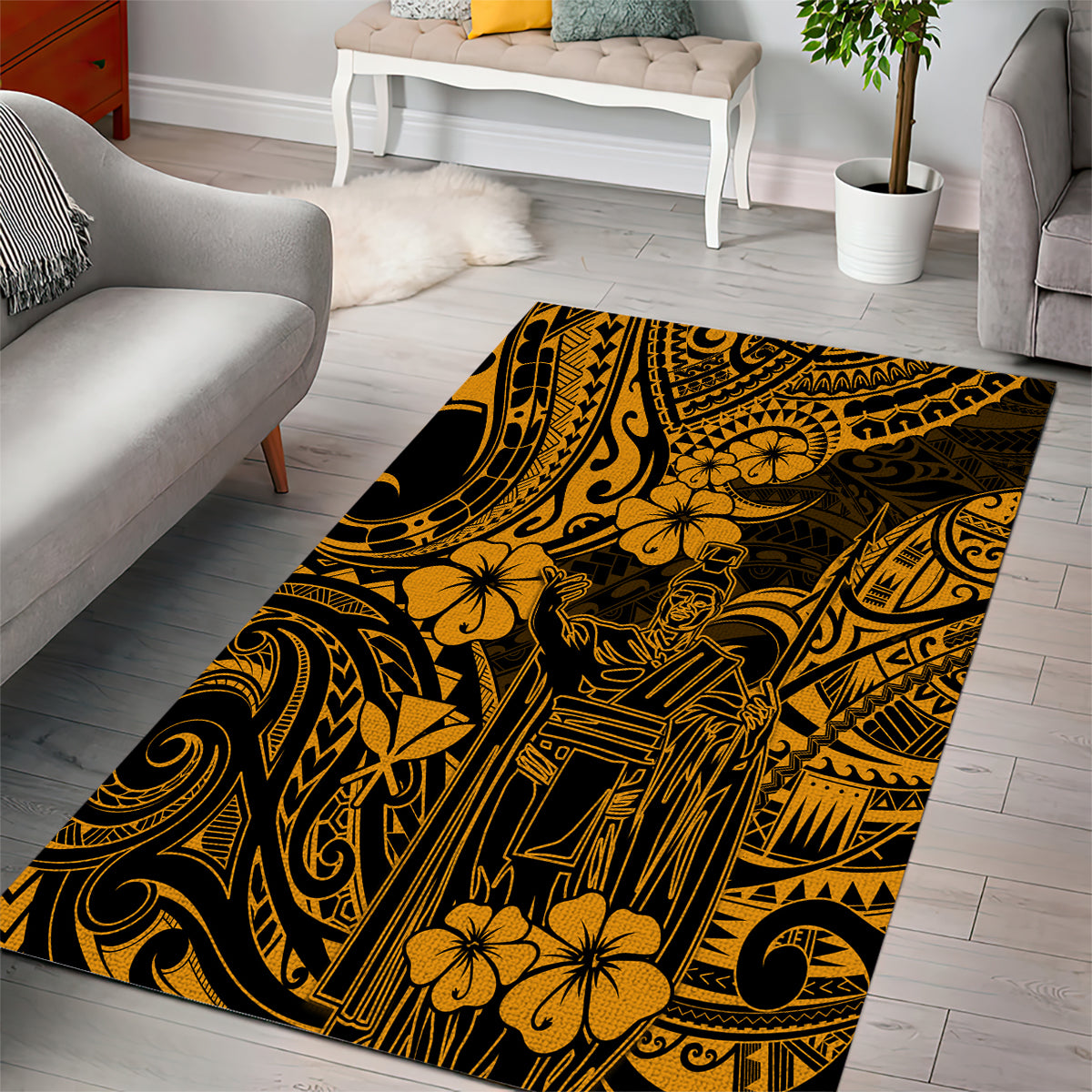Hawaii King Kamehameha Area Rug Polynesian Pattern Gold Version - Wonder Print Shop