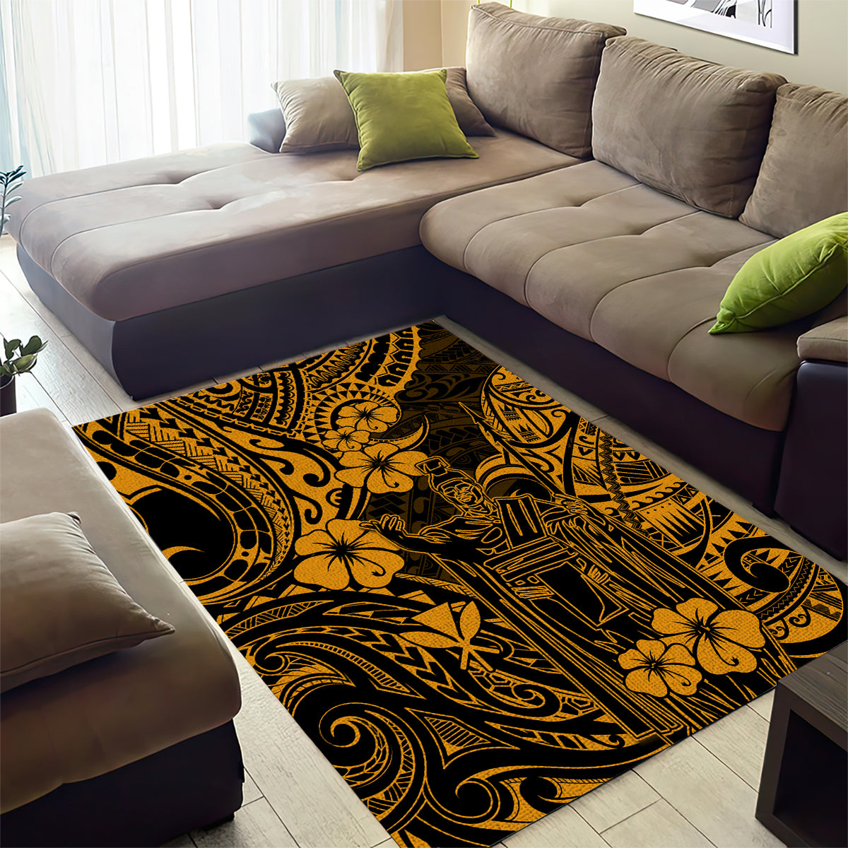 Hawaii King Kamehameha Area Rug Polynesian Pattern Gold Version - Wonder Print Shop