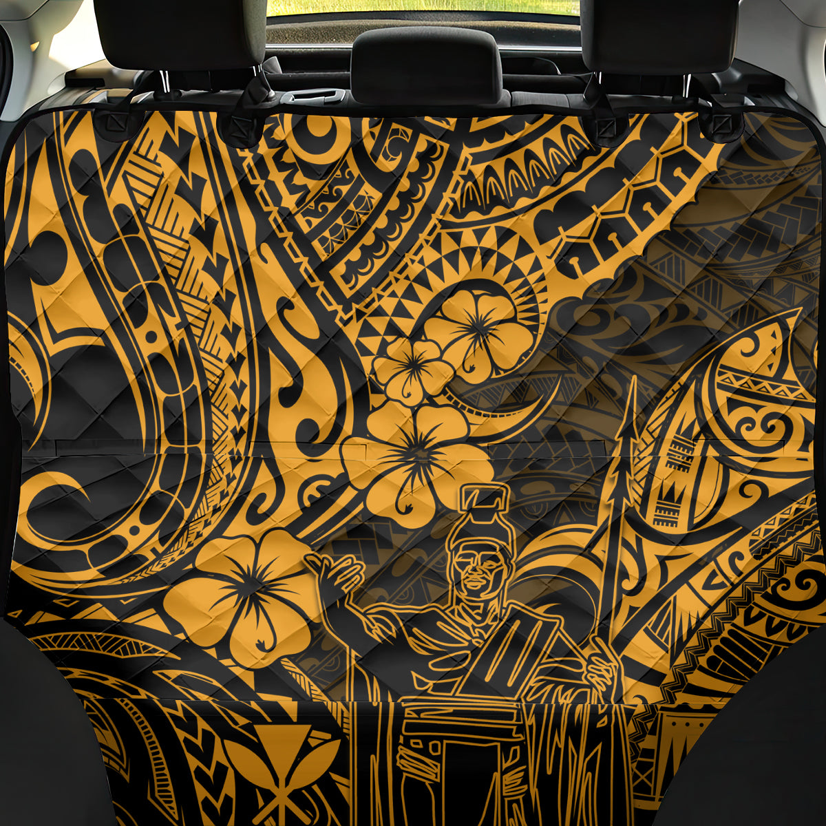 Hawaii King Kamehameha Back Car Seat Cover Polynesian Pattern Gold Version - Wonder Print Shop