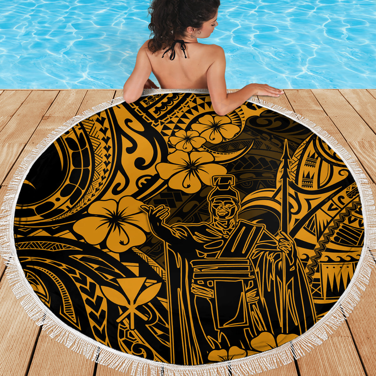 Hawaii King Kamehameha Beach Blanket Polynesian Pattern Gold Version - Wonder Print Shop